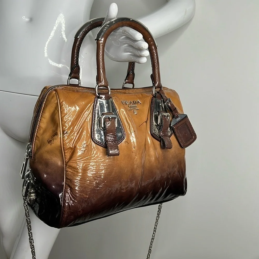 Prada Brown Vernice Sfumata Ombré Patent Leather Satchel Crossbody Bag